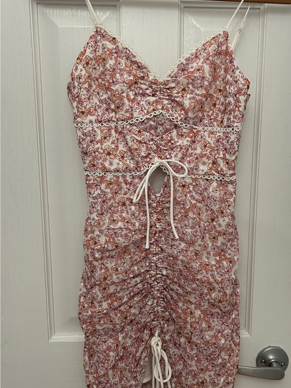 Significant Other Size 4 Floral Ruched Midi Dress in Pink and Tan